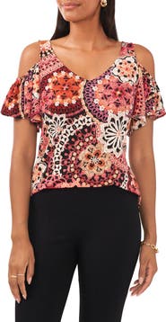 Chaus Floral Cold Shoulder Flutter Sleeve Knit Blouse