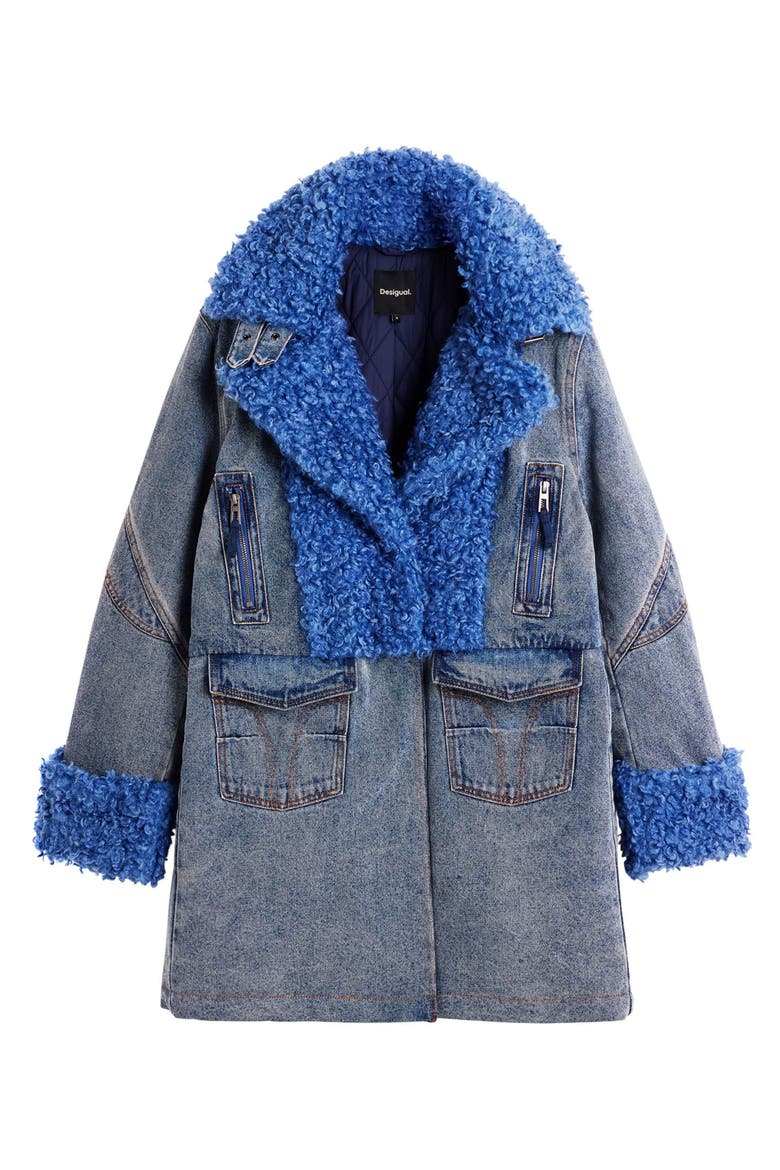 Denim & Faux Shearling Coat, Alternate, color, DENIM