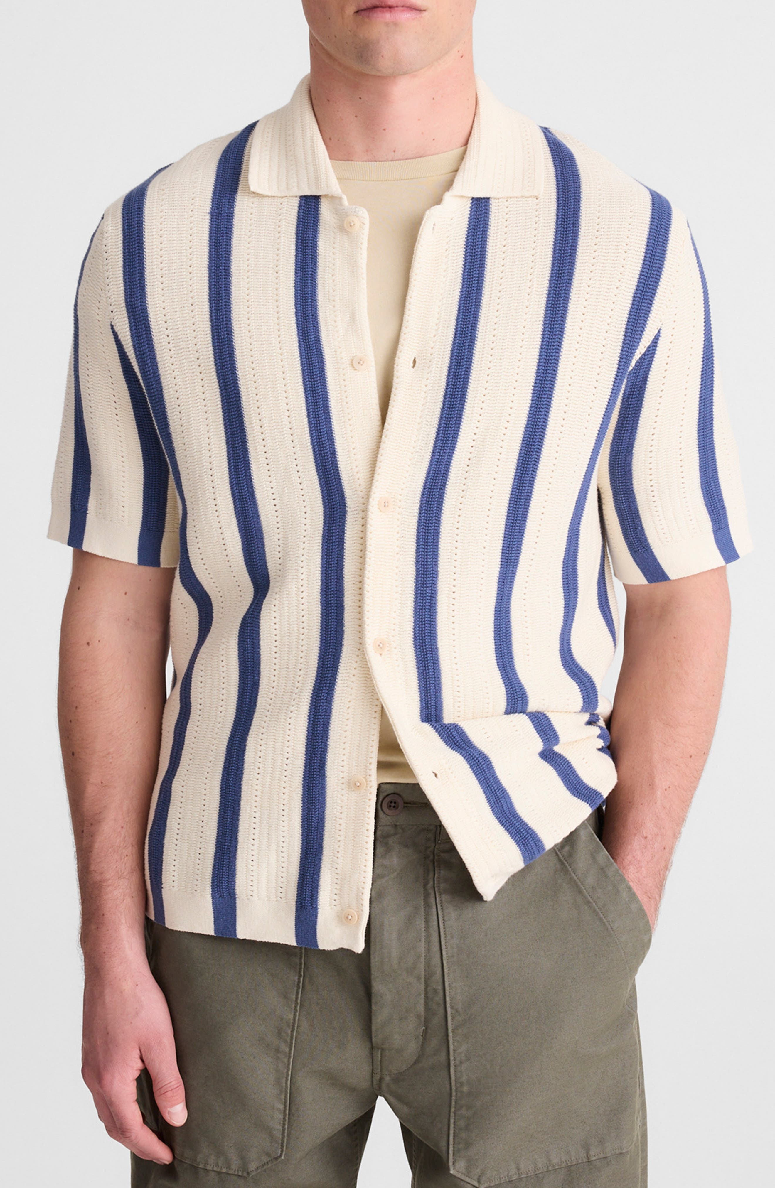Stripe Button-Up Cotton Sweater Polo