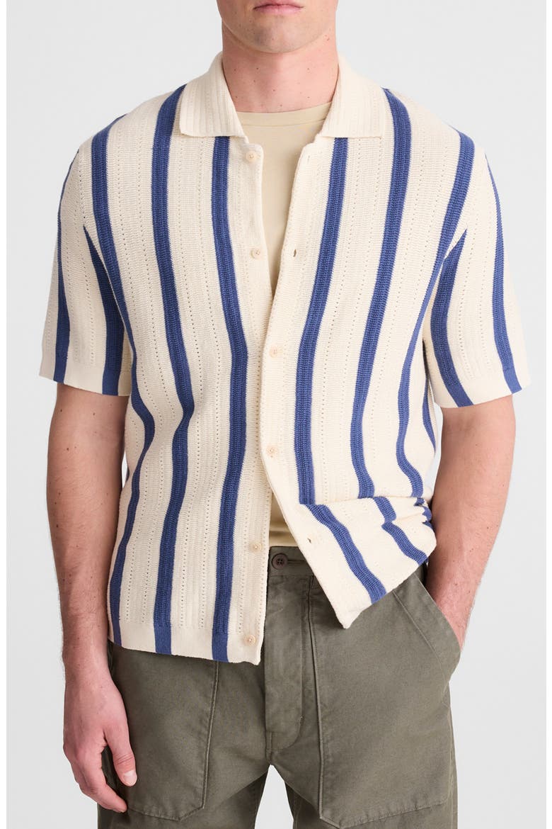 Stripe Button-Up Cotton Sweater Polo, Main, color, SAND STRIPE