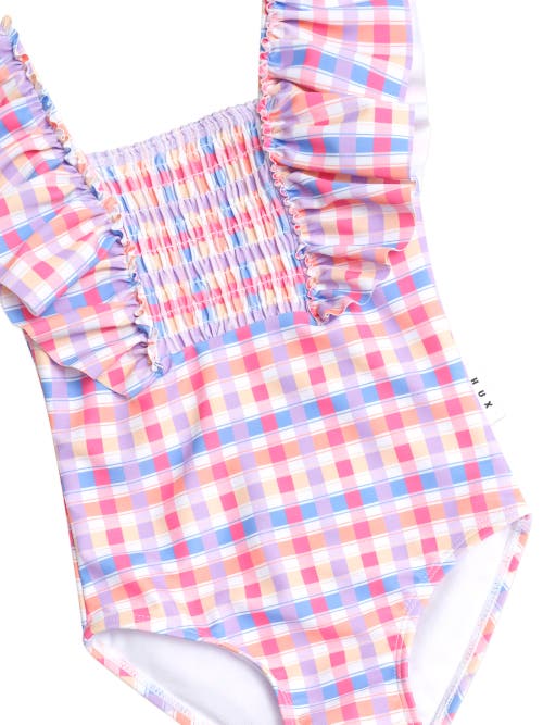 Huxbaby Shirred Frill Swimsuit Rainbow Check In Pink