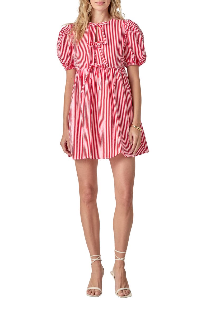 Stripe Tie Front Puff Sleeve Minidress, Main, color, RED