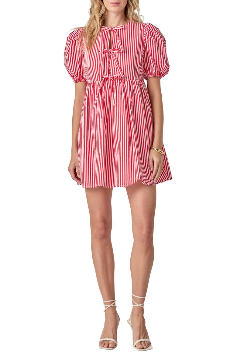 English Factory Stripe Tie Front Puff Sleeve Minidress, Main, color, Red