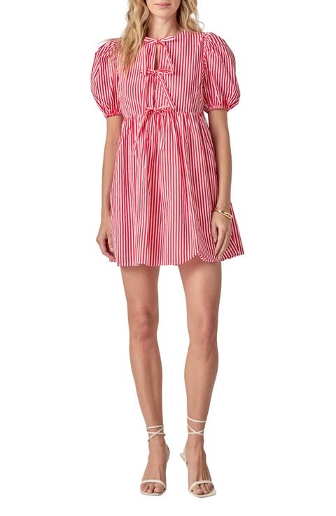 Stripe Tie Front Puff Sleeve Minidress