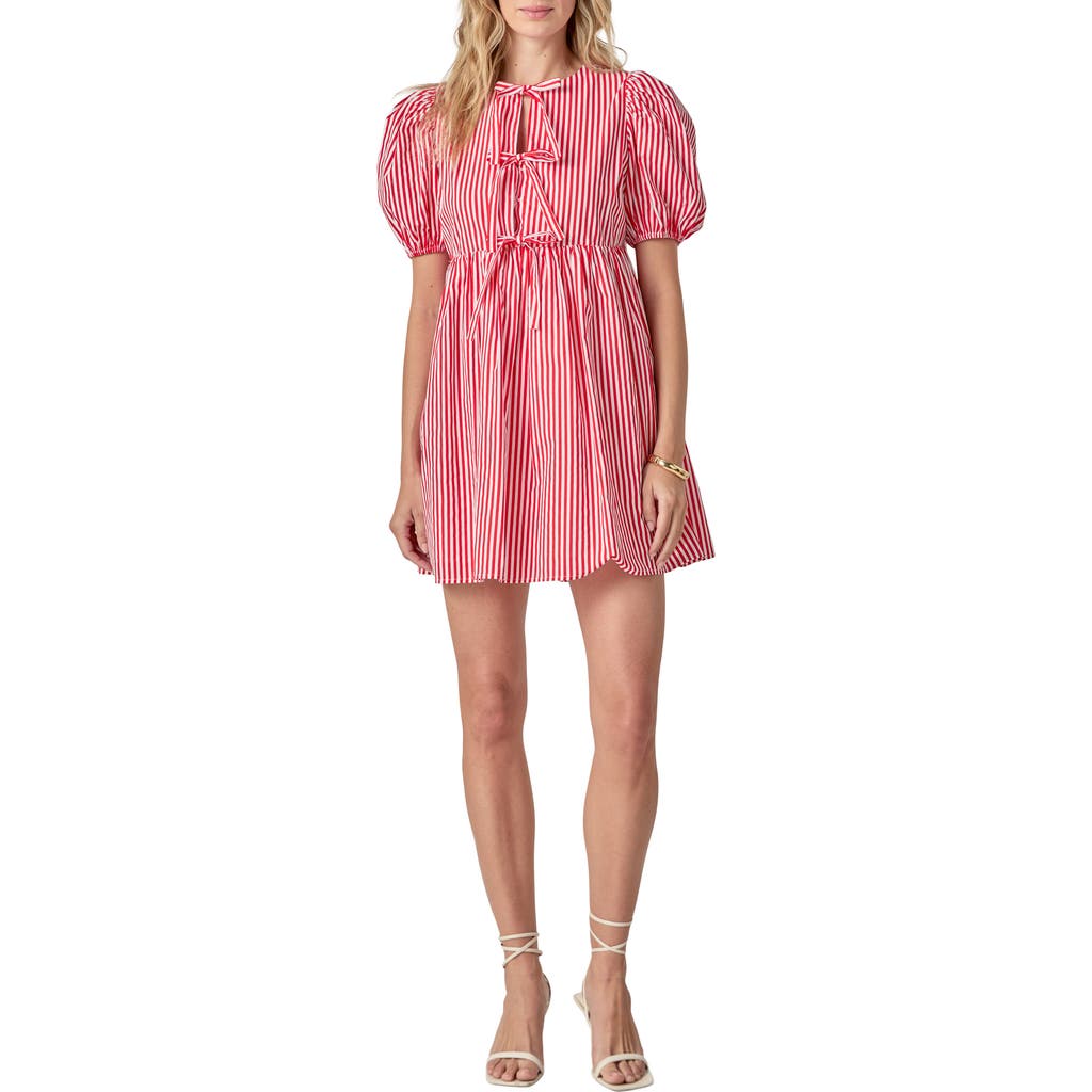 English Factory Stripe Tie Front Puff Sleeve Minidress
