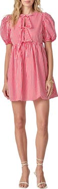 English Factory Stripe Tie Front Puff Sleeve Minidress