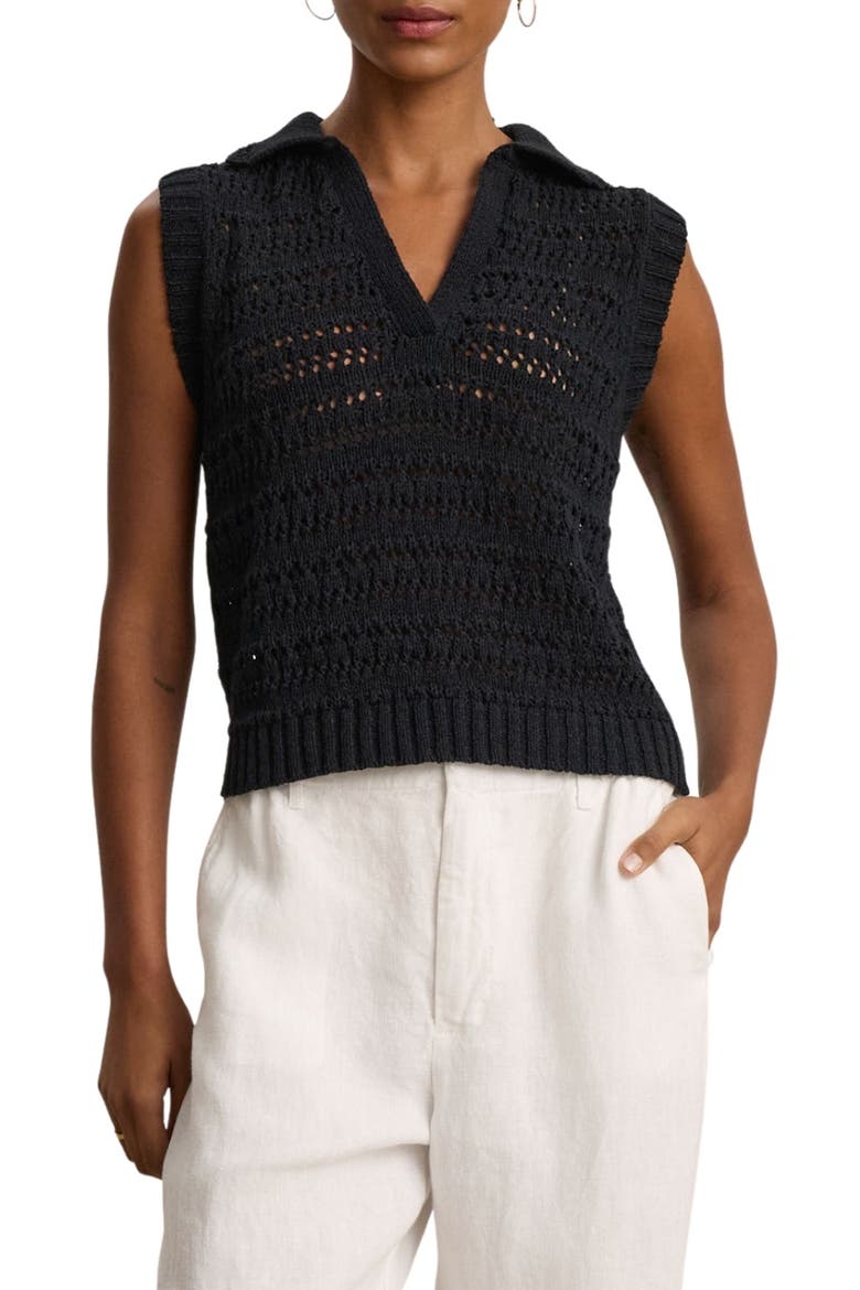 Renee Crochet Cotton Sweater Polo, Main, color, BLACK
