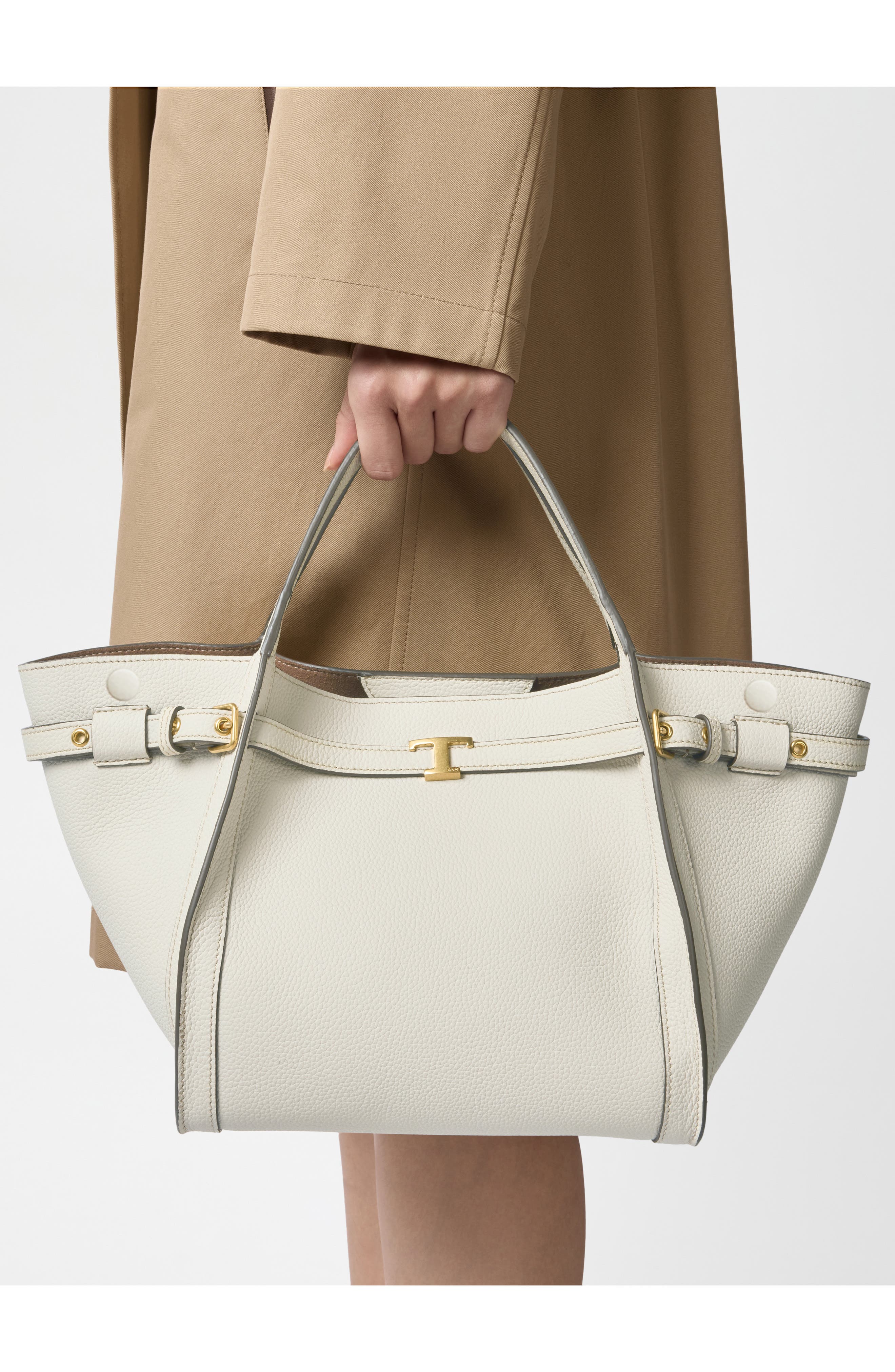 Tod's Tim Leather Shopper Bag, Alternate, color, Bianco Calce