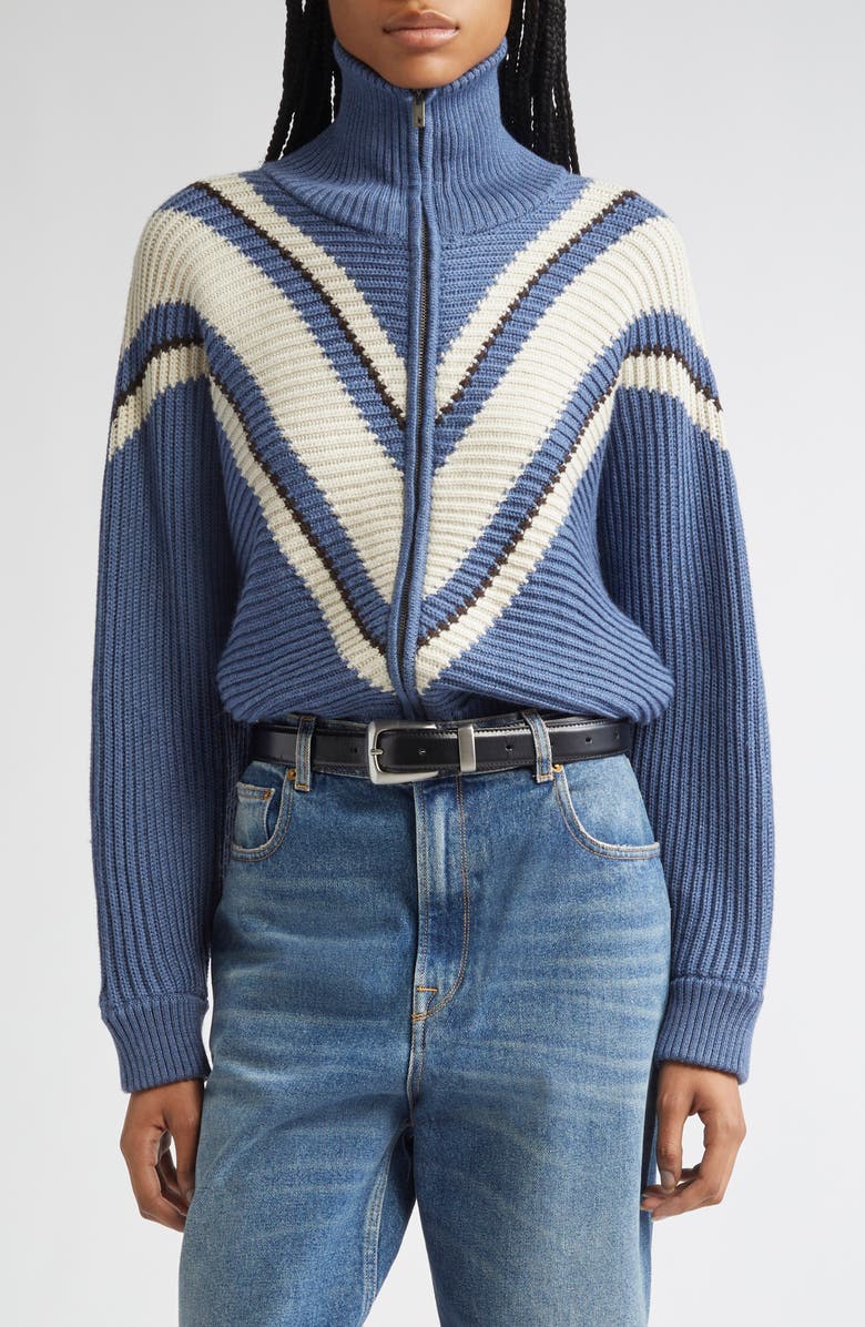 Golden Goose Journey Odilia Chevron Stripe Virgin Wool Zip Cardigan, Main, color, Dutch Blue/ Natural White