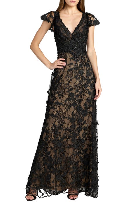 Petite Floral Embroidered Lace Flutter Sleeve Gown