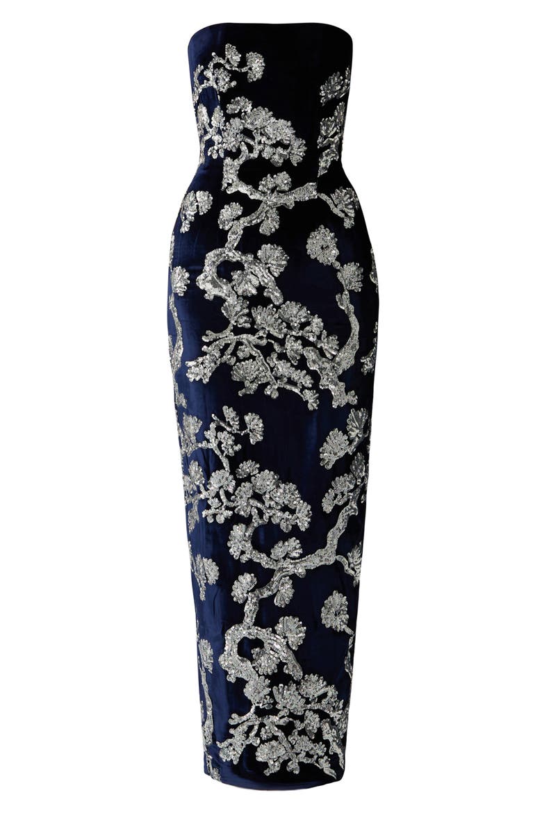 Ilsa Sequin Strapless Silk Velvet Sheath Gown, Alternate, color, MIDNIGHT BLUE