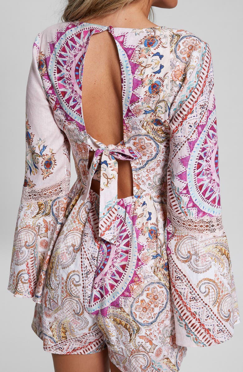 GUESS Kali Paisley Cutout Long Sleeve Linen Romper, Alternate, color, 