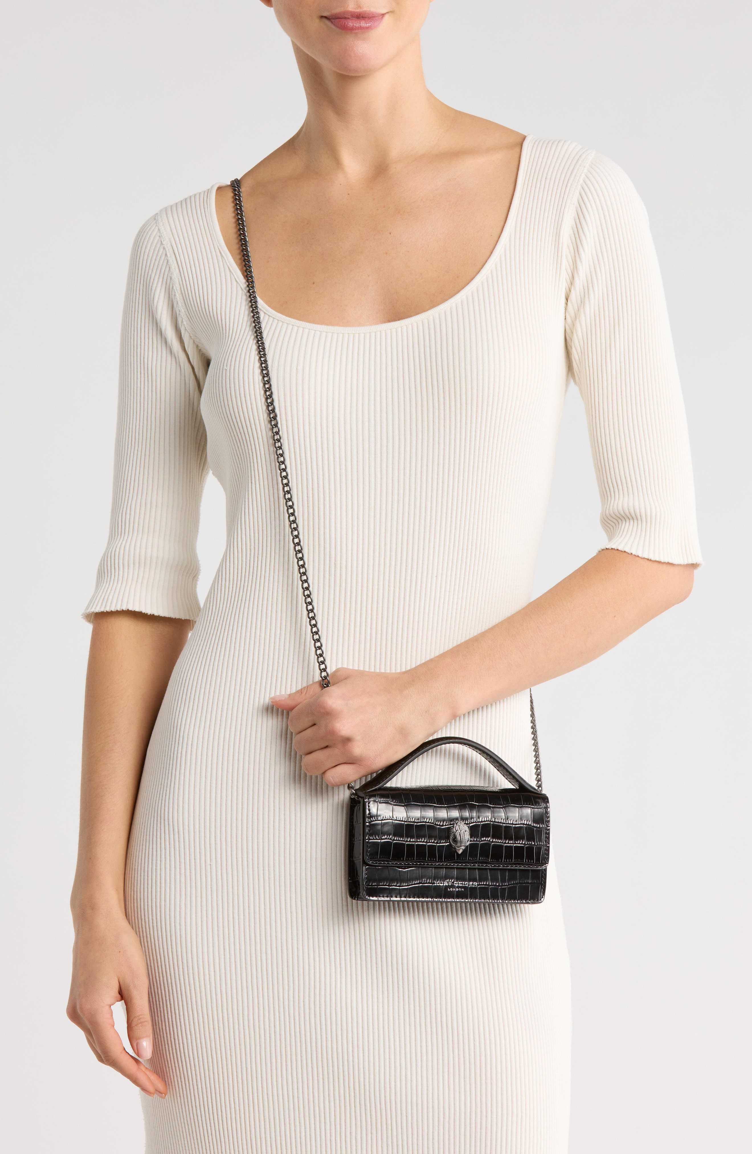 Kurt Geiger London XS Bond Croc Embossed Leather Top Handle Bag, Alternate, color, Black