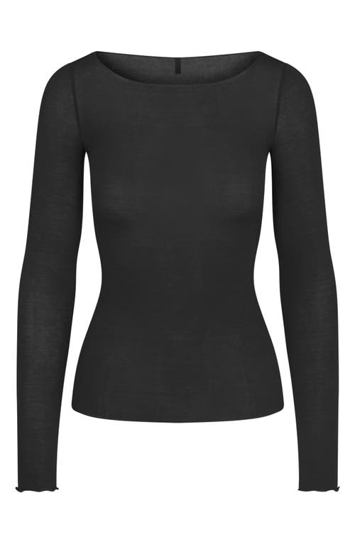Skims Sheer Modal Blend Long Sleeve Boat Neck Top In Black