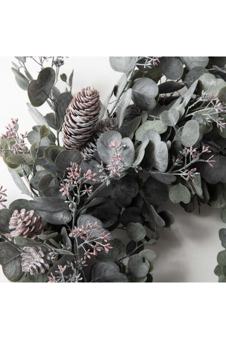 Candlelit Evenings - Faux Dusty Green Silver Dollar Eucalyptus & Pinecone Christmas Front Door Winter Wreath, Alternate, color, Green
