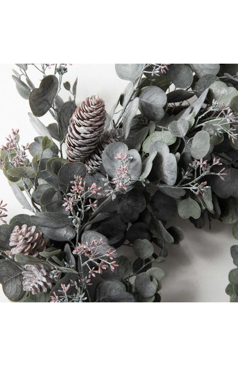 Darby Creek Trading Candlelit Evenings - Faux Dusty Green Silver Dollar Eucalyptus & Pinecone Christmas Front Door Winter Wreath, Alternate, color, Green