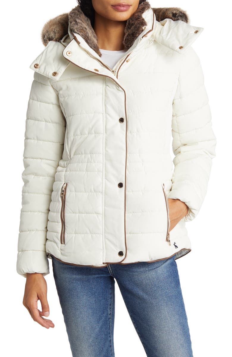 Joules Gosway Water Resistant Quilted Coat with Detachable Hood & Faux Fur Trim, Main, color, 