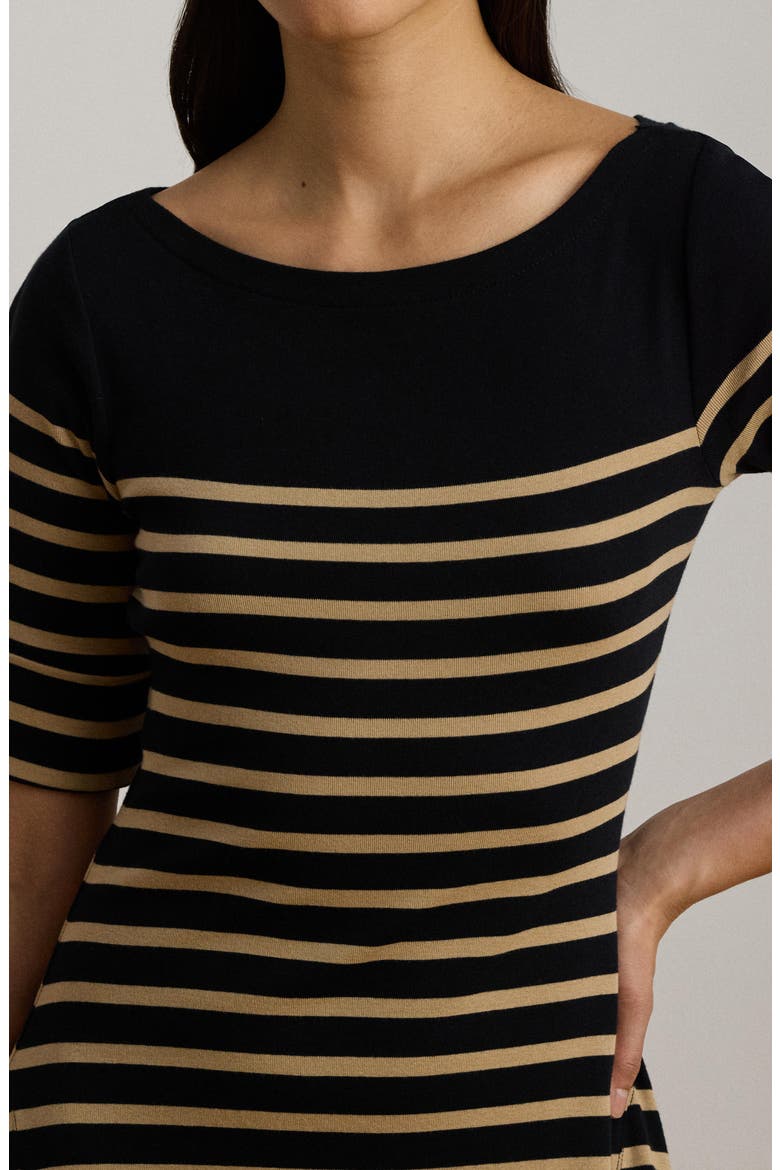Striped Boat Neck Cotton Jersey Midi Dress, Alternate, color, BLACK/ BIRCH BEIGE