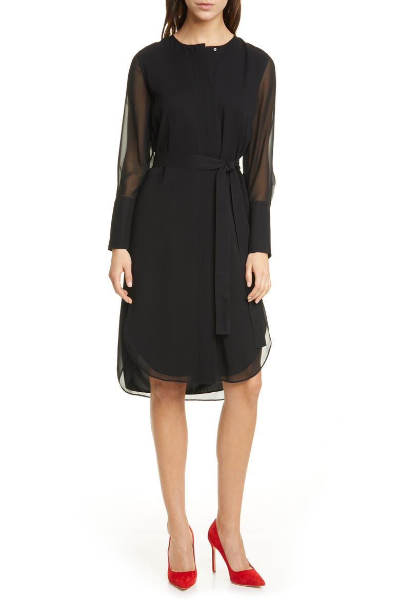 Long Sleeve Silk Chiffon Midi Shirtdress, Main, color, BLACK