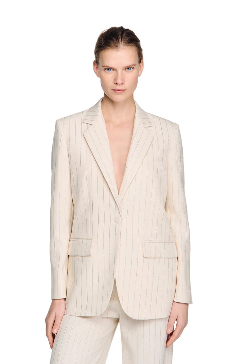 SANDRO Striped tailored jacket, Alternate, color, Ecru / Silver