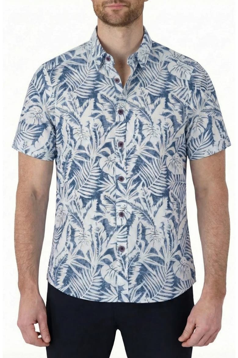 Tropical Print Short Sleeve Linen & Cotton Button-Up Shirt, Main, color, BLUE