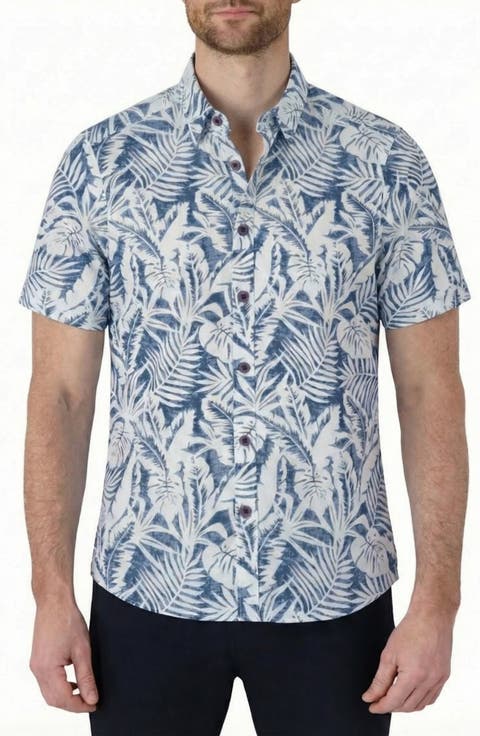 Tropical Print Short Sleeve Linen & Cotton Button-Up Shirt