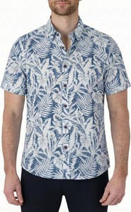 Report Collection Tropical Print Short Sleeve Linen & Cotton Button-Up Shirt