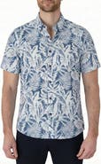 Report Collection Tropical Print Short Sleeve Linen & Cotton Button-Up Shirt