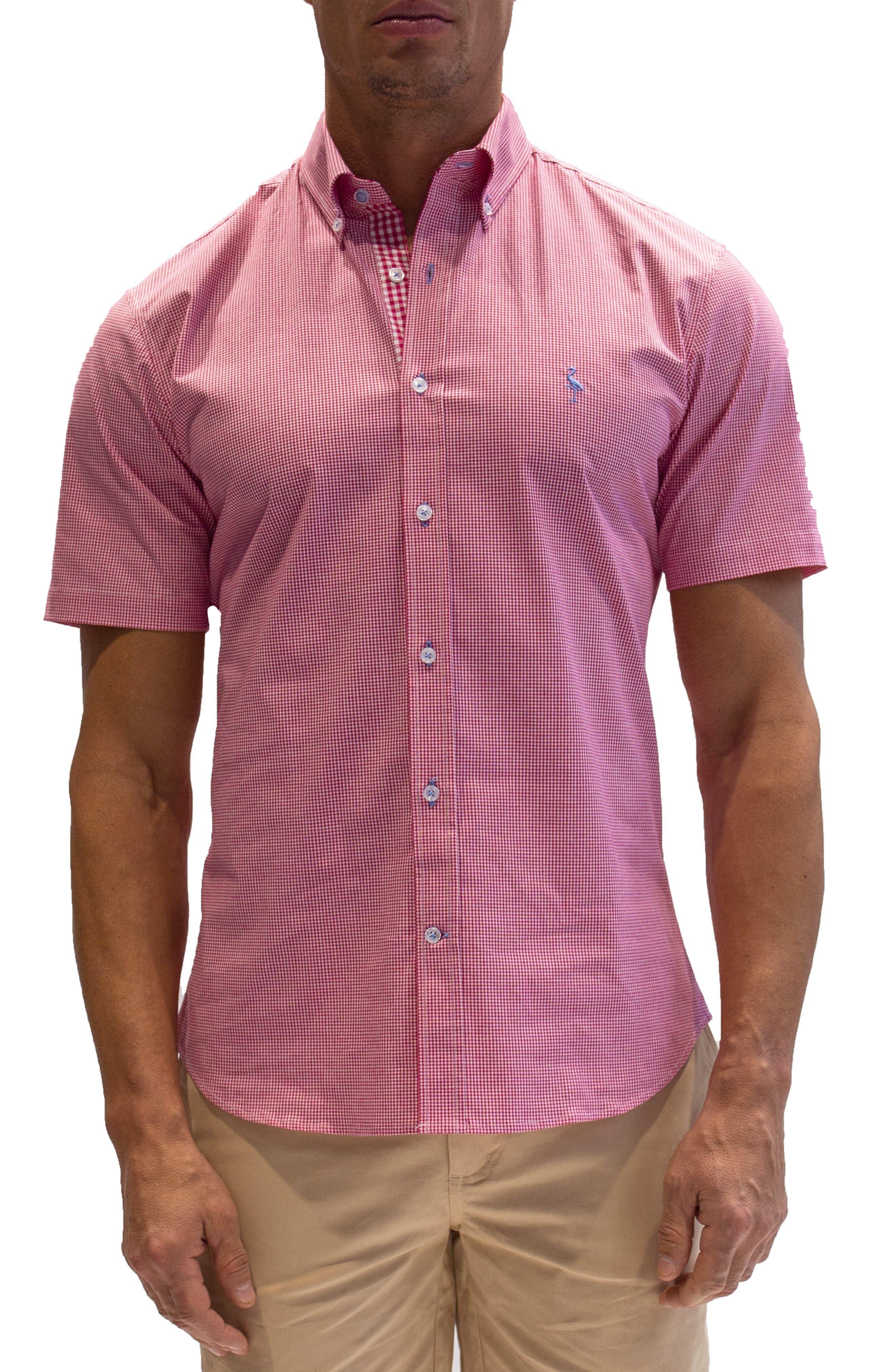 Micro Gingham Stretch Cotton Short Sleeve Button-Down Shirt