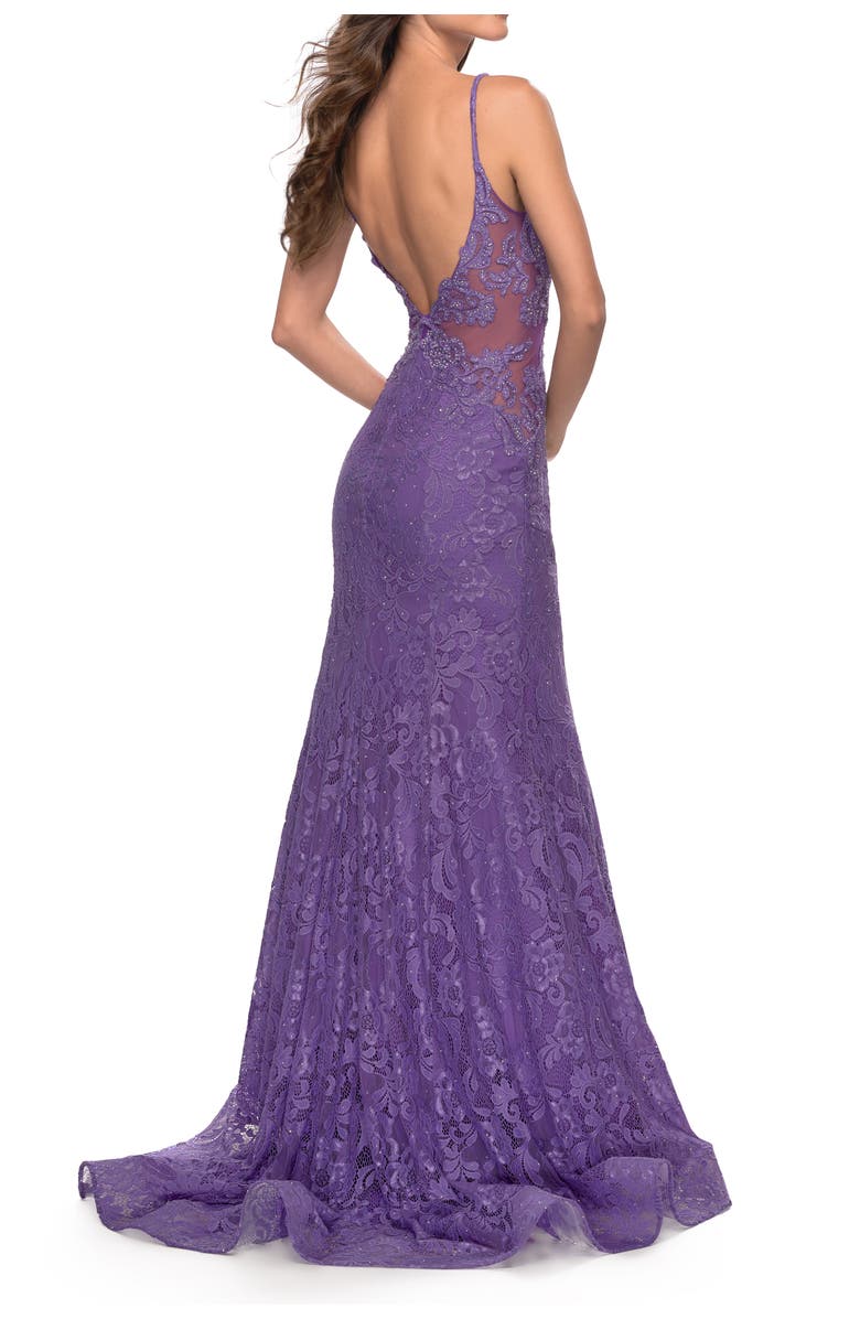 La Femme Long Mermaid Lace Dress with Back Rhinestone Detail, Alternate, color, Purple