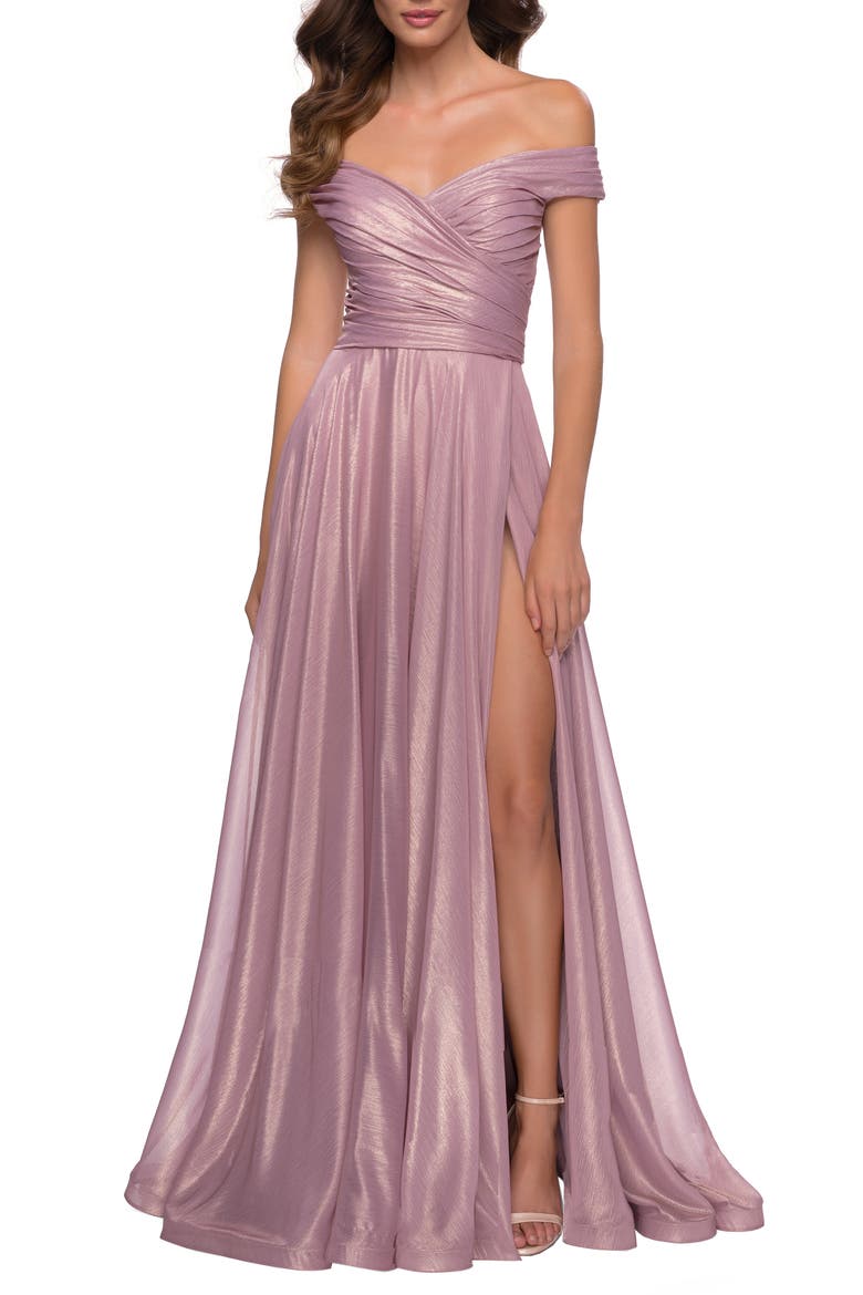 Iridescent Off the Shoulder Chiffon Gown, Main, color, PINK METALLIC
