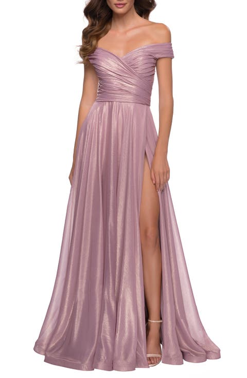 Iridescent Off the Shoulder Chiffon Gown