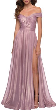 La Femme Iridescent Off the Shoulder Chiffon Gown