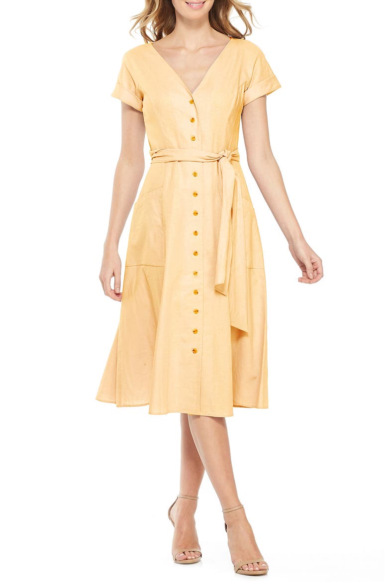 Vanessa Button Front Linen Blend Midi Dress, Main, color, BUTTERCUP