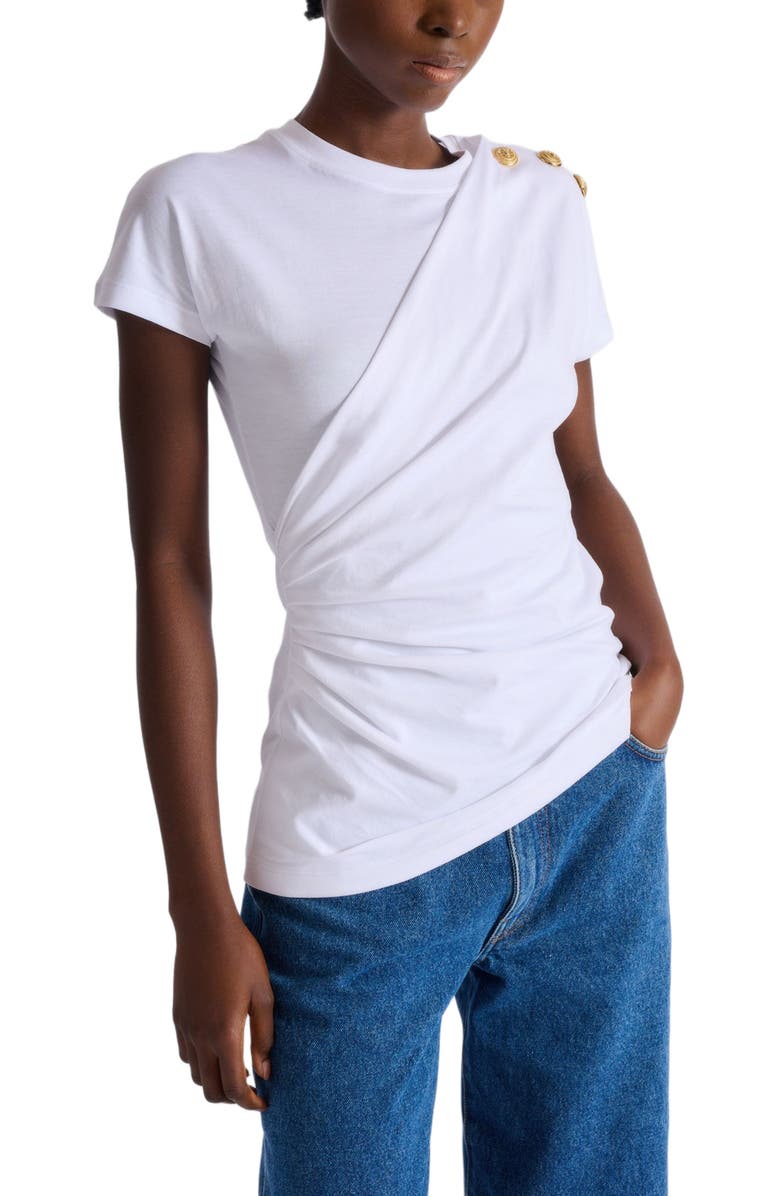 Balmain Short-sleeved draped jersey T-shirt, Alternate, color, White