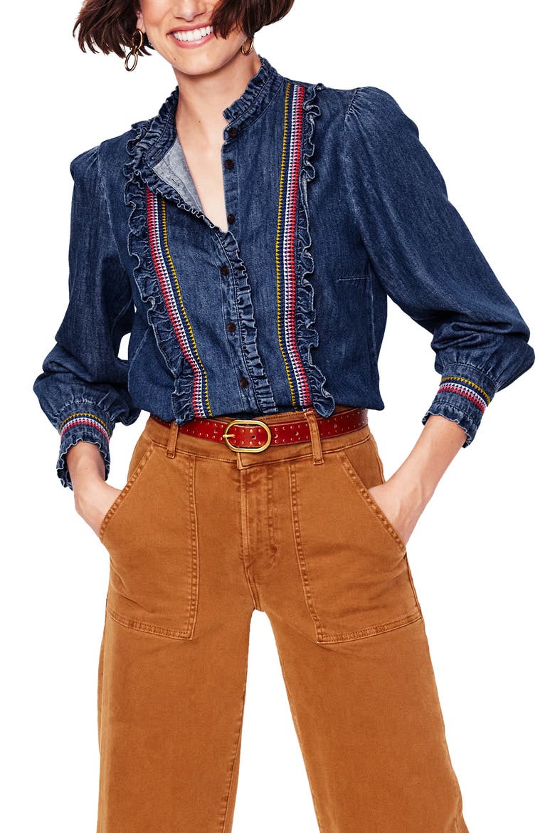 Isla Embroidered Stripe Denim Button-Up Shirt, Main, color, EMBROIDERED DENIM