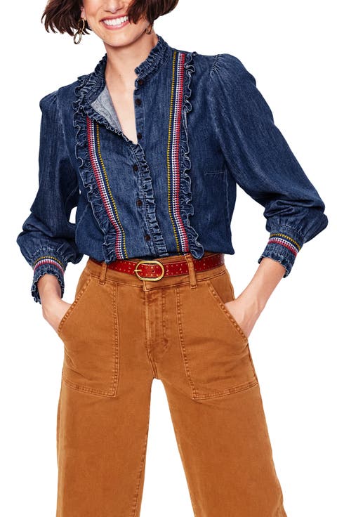 Isla Embroidered Stripe Denim Button-Up Shirt