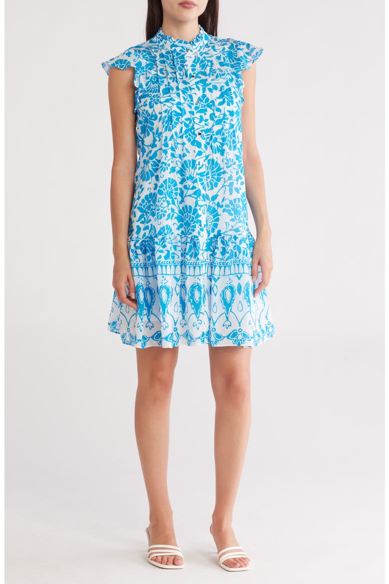 Ruffle Cap Sleeve Button Front Dress, Main, color, BLUE WHITE