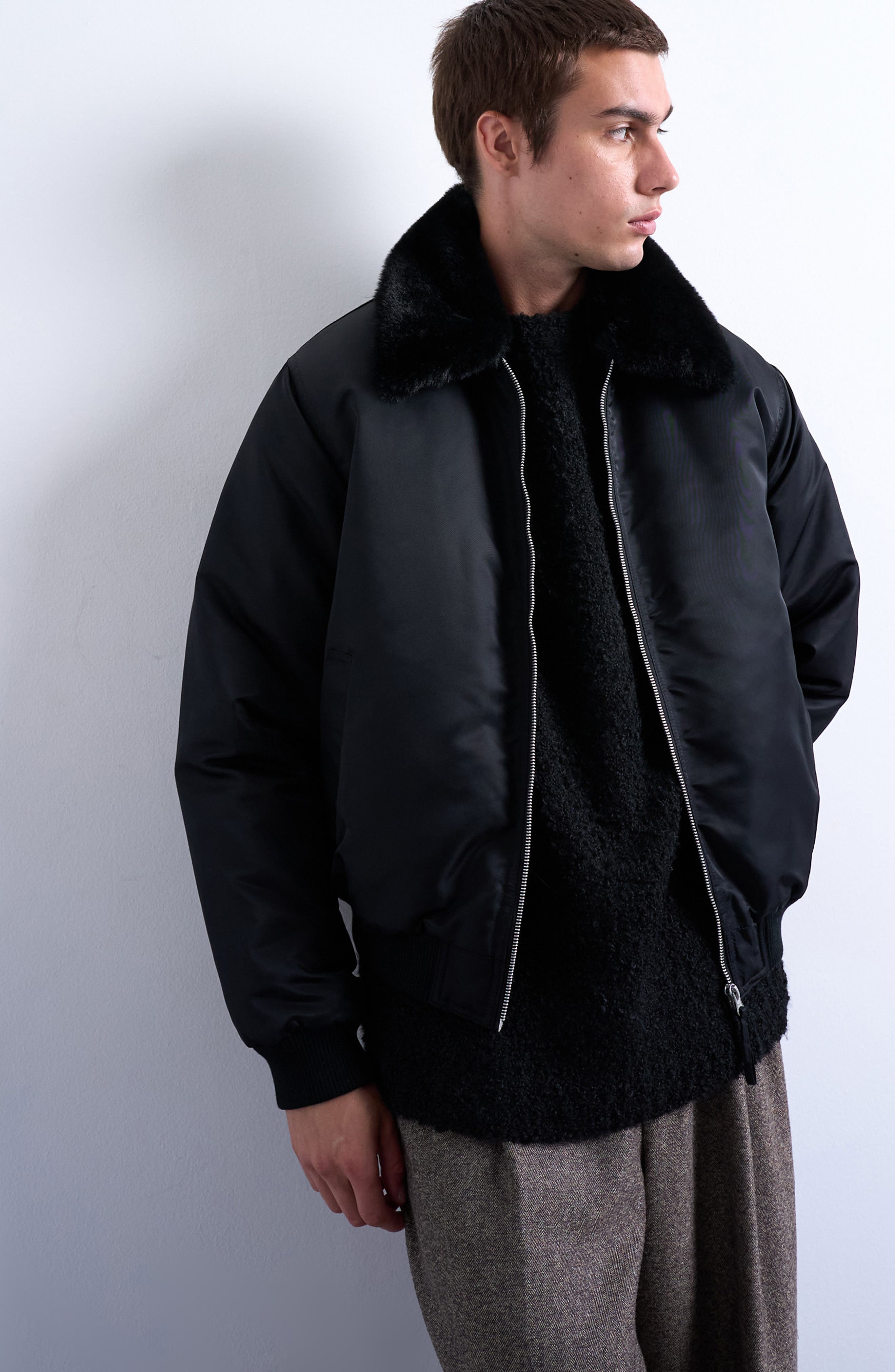 Faux Fur Collar Bomber Jacket