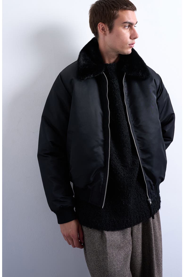 Faux Fur Collar Bomber Jacket, Main, color, BLACK