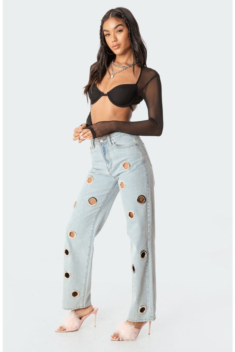 Lin Mesh Long Sleeve Bra Top, Alternate, color, BLACK