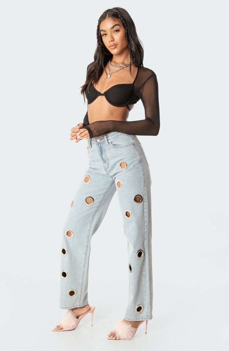 EDIKTED Lin Mesh Long Sleeve Bra Top, Alternate, color, Black