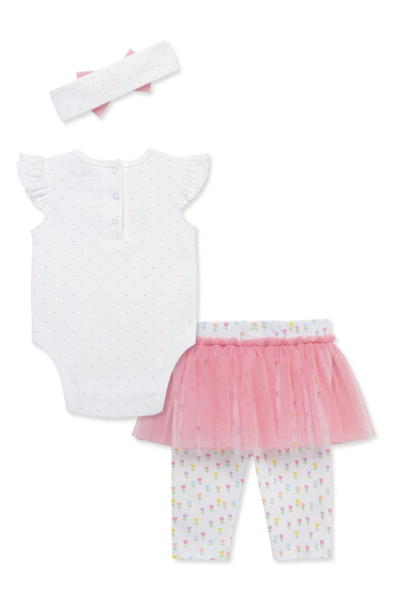 Little Me Tulips Bodysuit, Skegging & Headband Set, Alternate, color, White Print