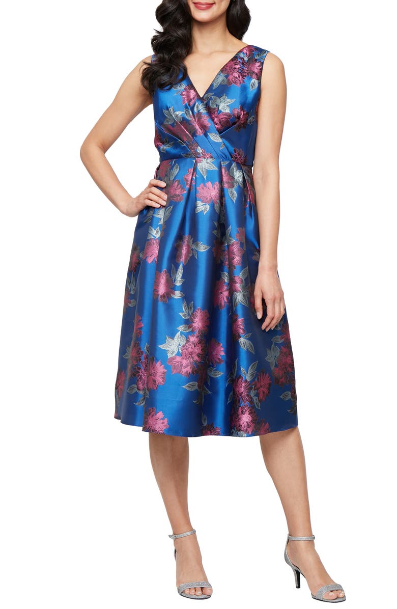 SL FASHIONS Metallic Floral Jacquard Cocktail Dress, Main, color, Blue/ Multi