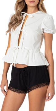 EDIKTED Tie Front Puff Sleeve Top