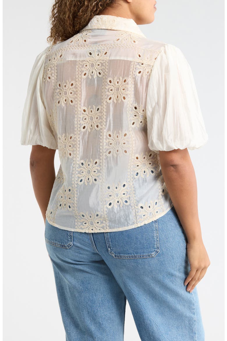 Eyelet Puff Sleeve Button-Up Shirt, Alternate, color, NATURAL