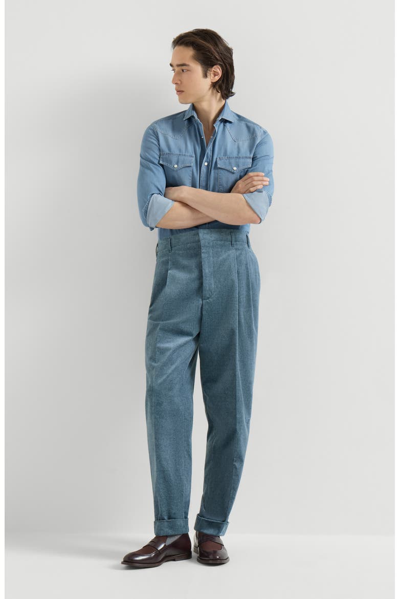 Denim-effect cotton velvet trousers with double pleats, Alternate, color, Cerulean