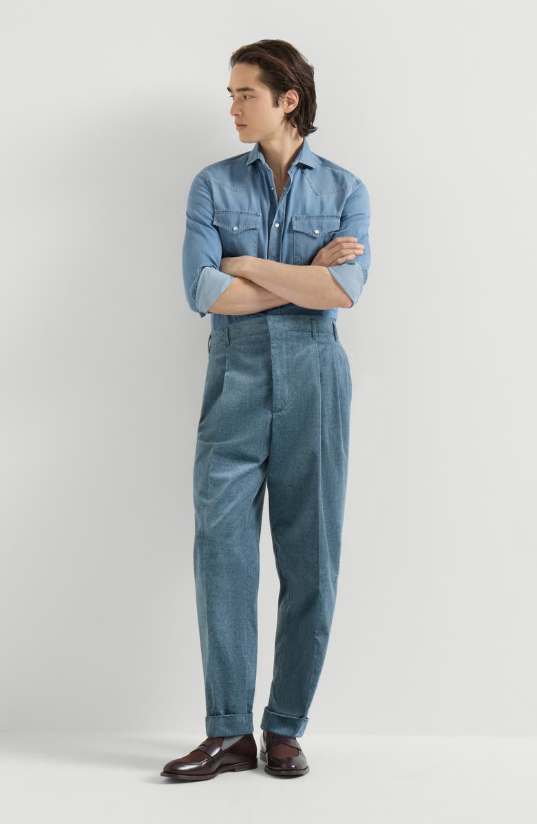 Brunello Cucinelli Denim-effect cotton velvet trousers with double pleats, Alternate, color, Cerulean