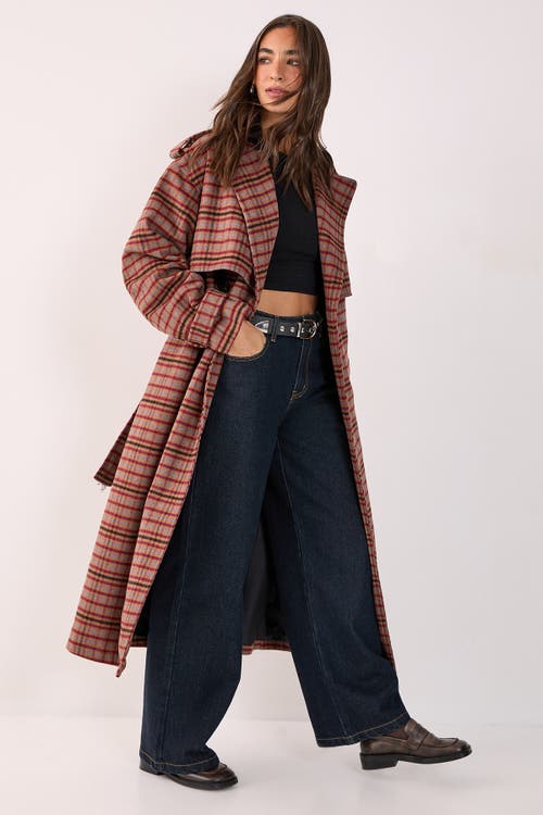 Nasty Gal Check Vinyl Collar Trench Coat In Brown