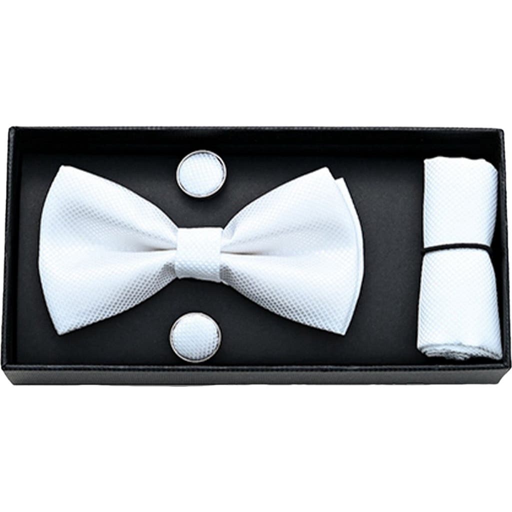 Moustache Crosshatch Bow Tie Set In White